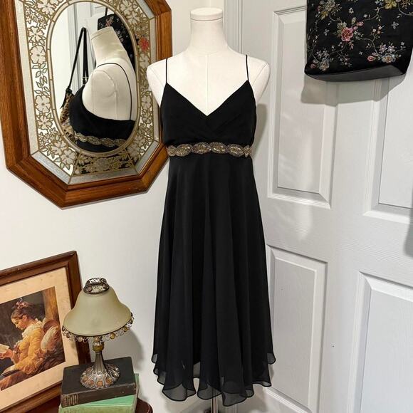 VTG Y2K Eva Blue Black & Gold Beaded Midi Cocktail Party Dress 8/M - Picture 1 of 7